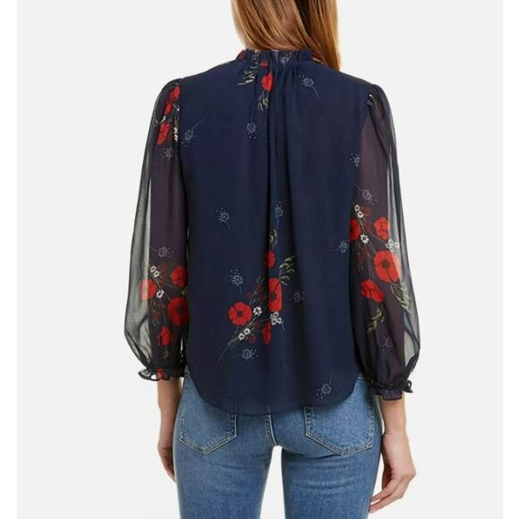 NWOT Joie Navy Silk Popover with Red Flowers - Picture 4 of 11